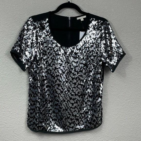 NWT Pleione Sequin Sparkle Short Sleeve Blouse Top Party Black Silver Sz MP - Picture 2 of 8
